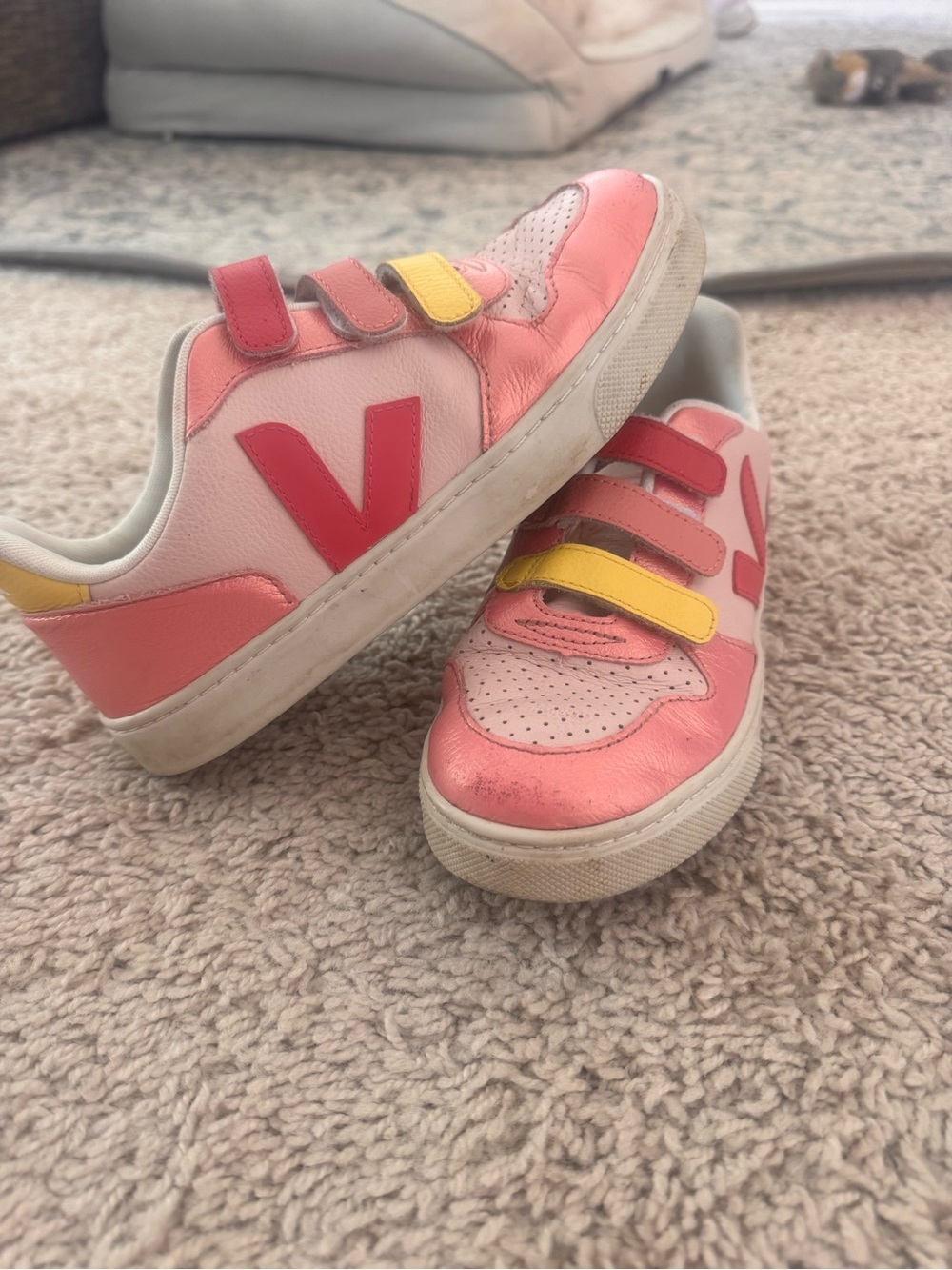 Veja Kids Coral Pink and Yellow Velcro Sneakers